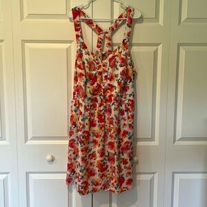 Summer dress with vibrant red yellow and blue flower print!